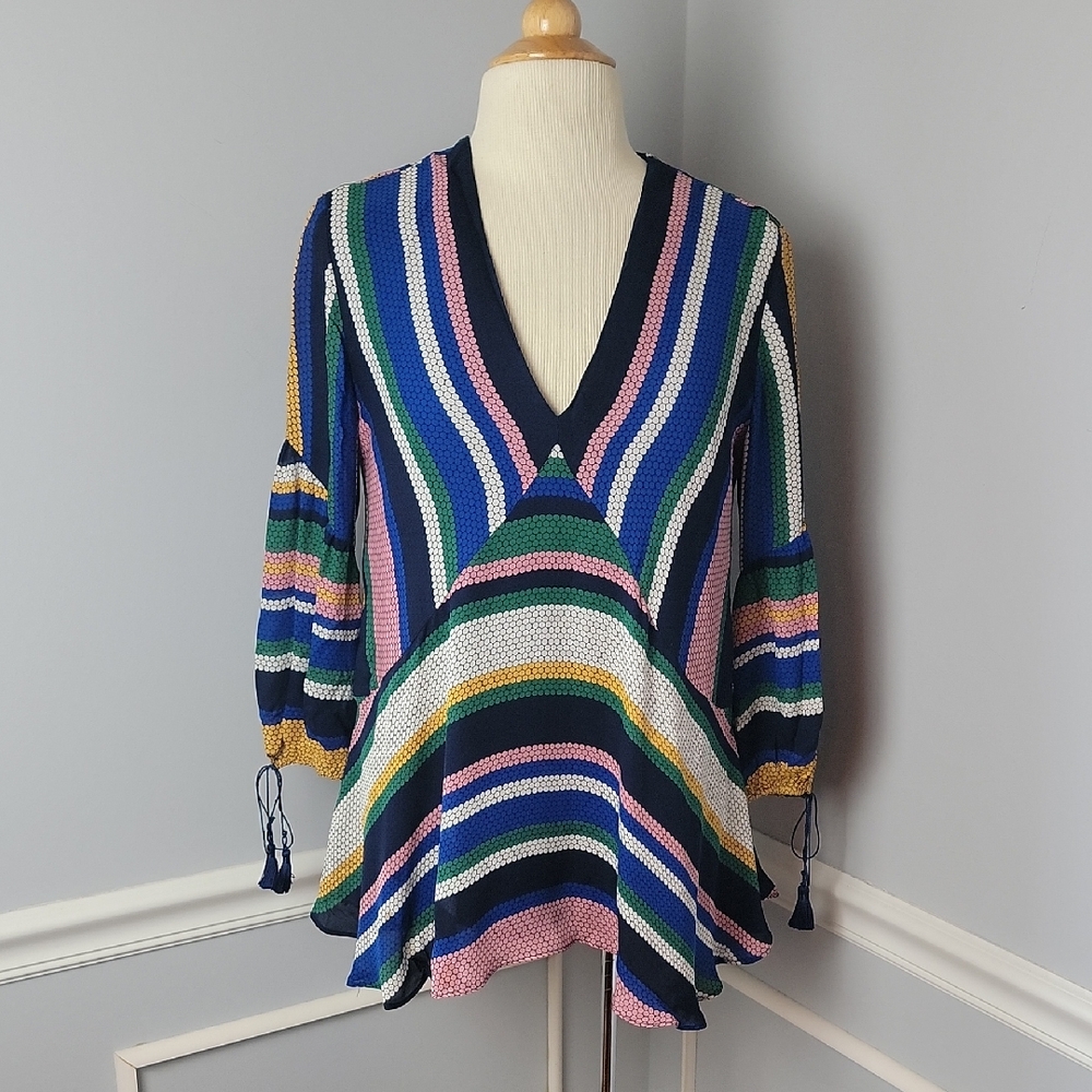 SHOSHANNA 100% Silk Multi-Color Honeycomb Striped V-Neck Boho 3/4 Sleeve Blouse